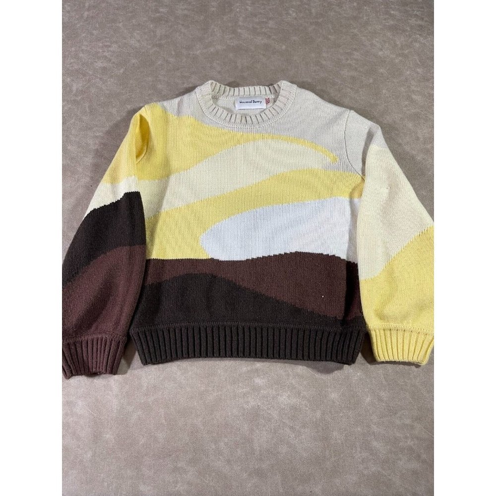 House of Sunny Yellow White Brown Colorblock Crewneck Sweater